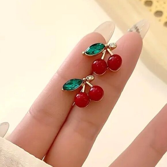 Cherry Rhinestone Earrings Fun Sylish Bomb Cherries Sexy Sparkle Glam Y2K Fruit - Picture 3 of 4